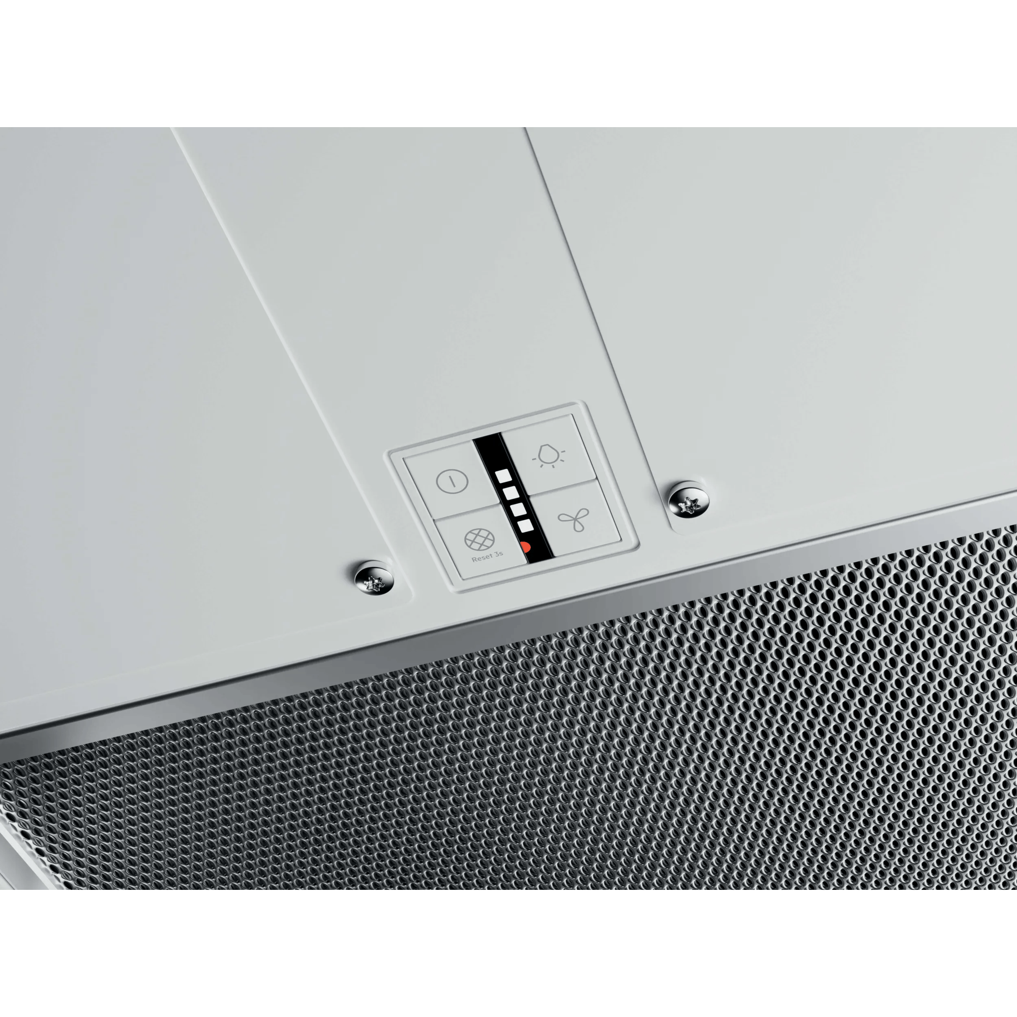 Pannello di controllo cappa: Accensione, luce, ventola, timer e reset.