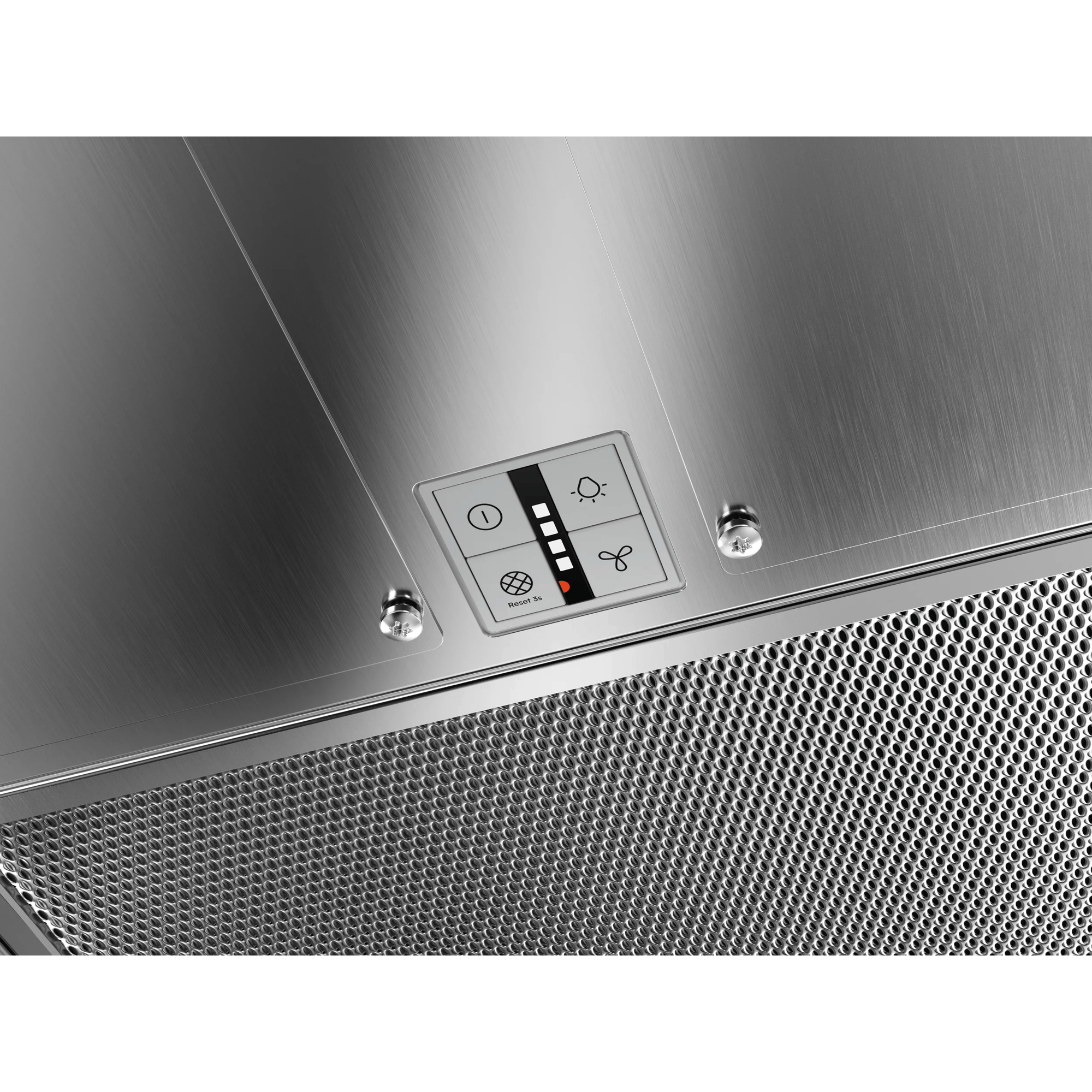 Cappa in acciaio inox con pannello touch e griglia di ventilazione.