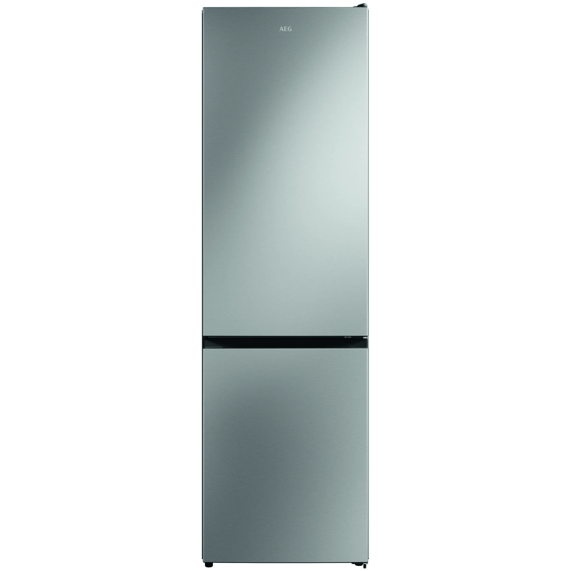 Un refrigerador AEG plateado de dos puertas se alza contra un fondo blanco.