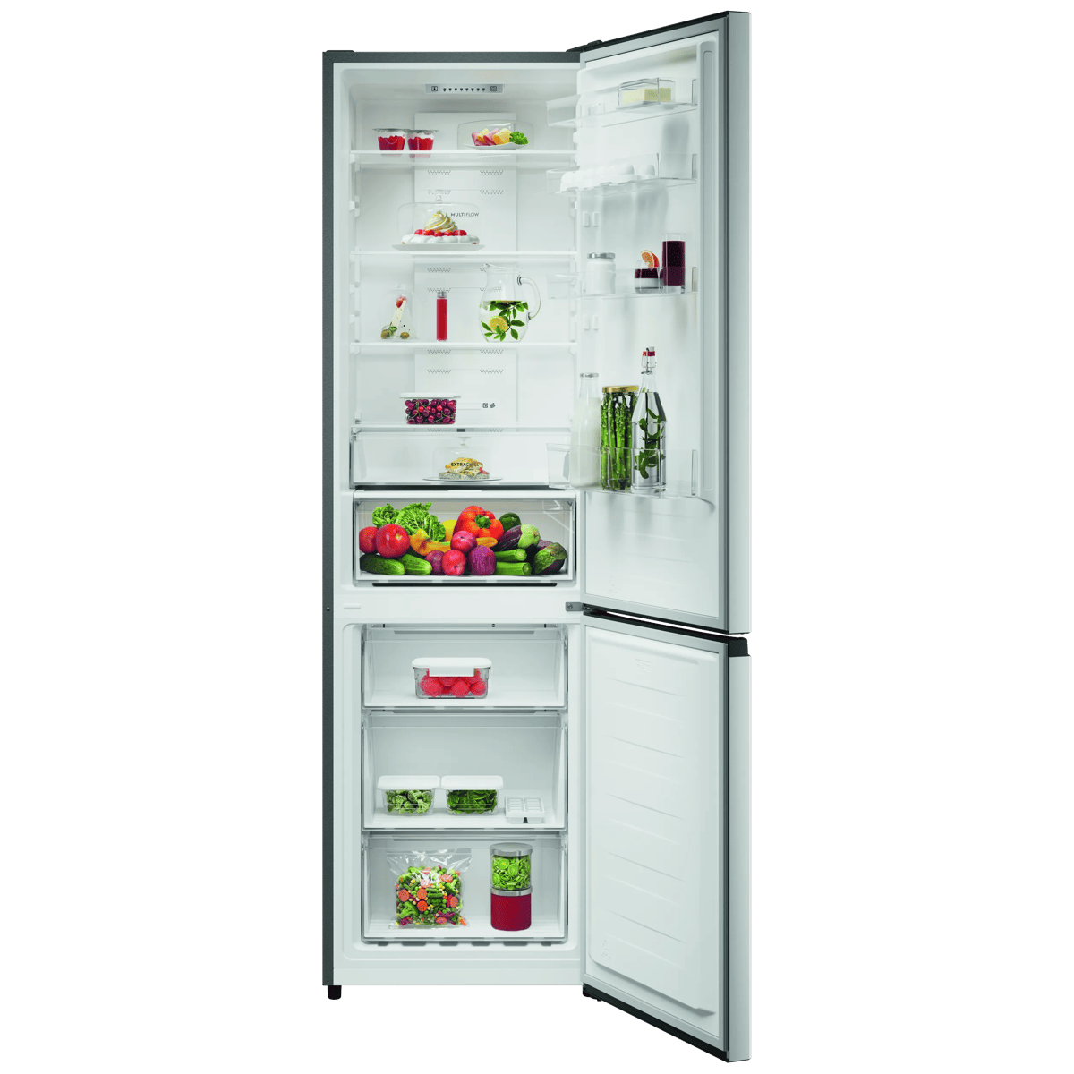 Un refrigerador abierto con alimentos como verduras, frutas, bebidas y postres.
