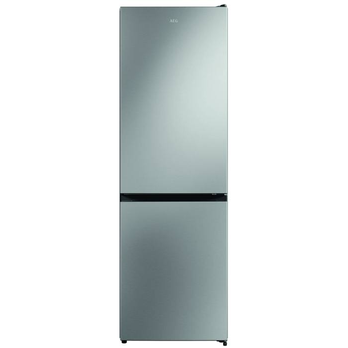 Un refrigerador plateado de dos puertas con una franja negra.