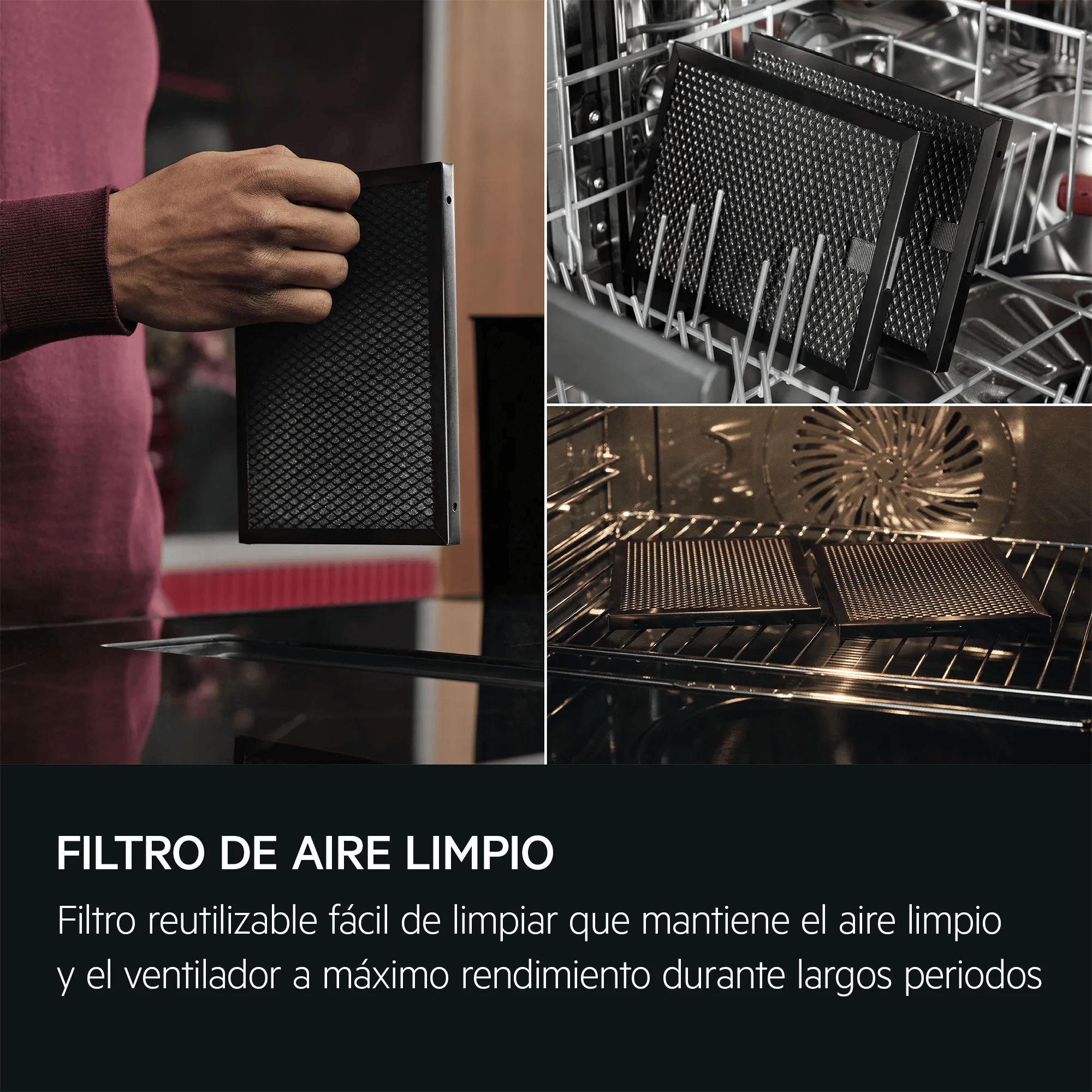 Persona pulisce un filtro dell'aria riutilizzabile per una cappa.
