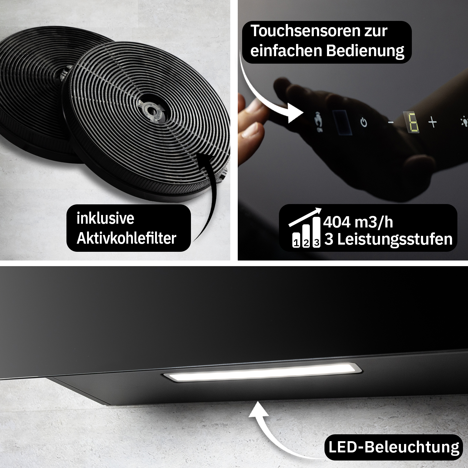 Tre parti di una cappa: filtri a carbone, pannello touch e illuminazione a LED.