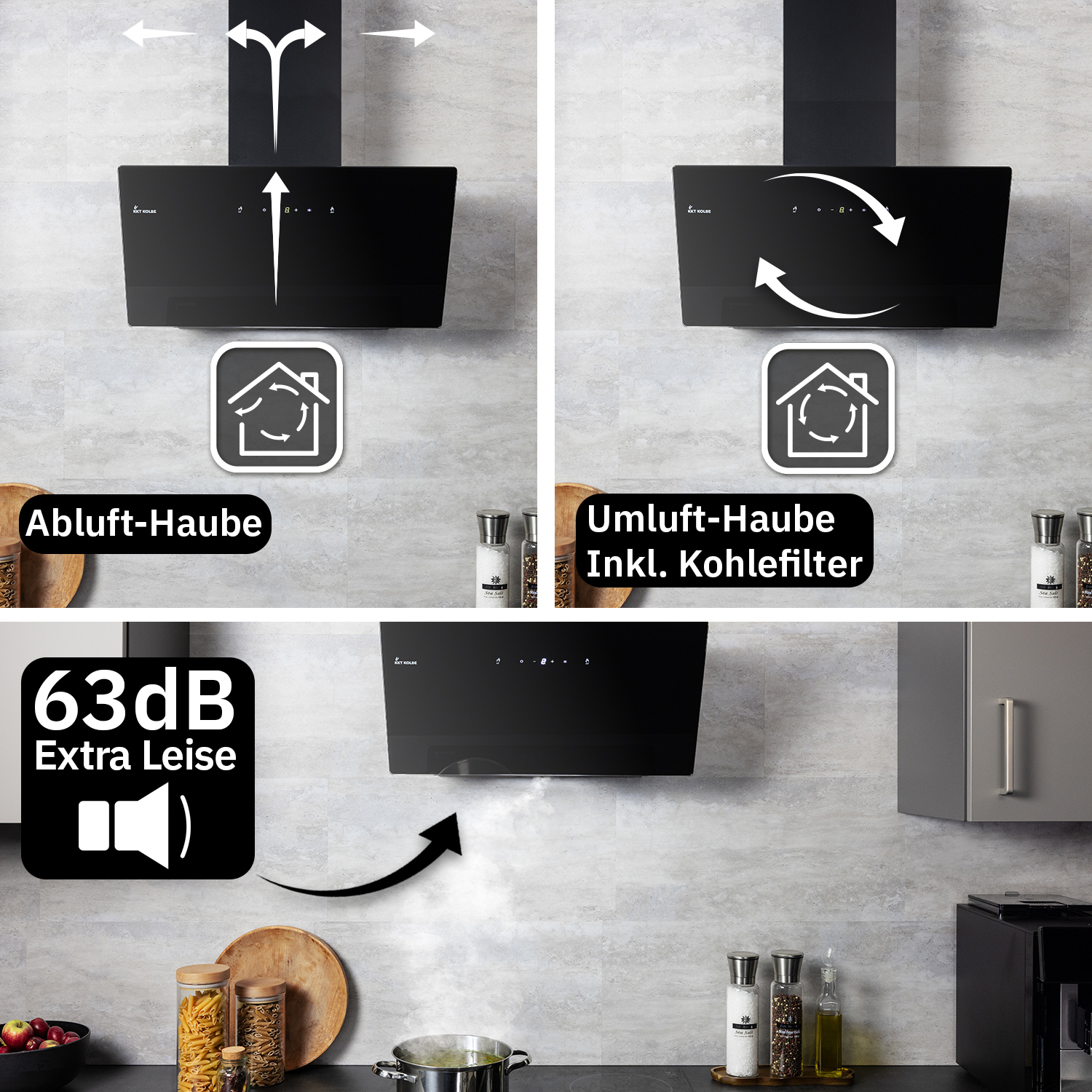 Una cappa da cucina nera che mostra le modalità di scarico e ricircolo, con indicatore di 63dB.