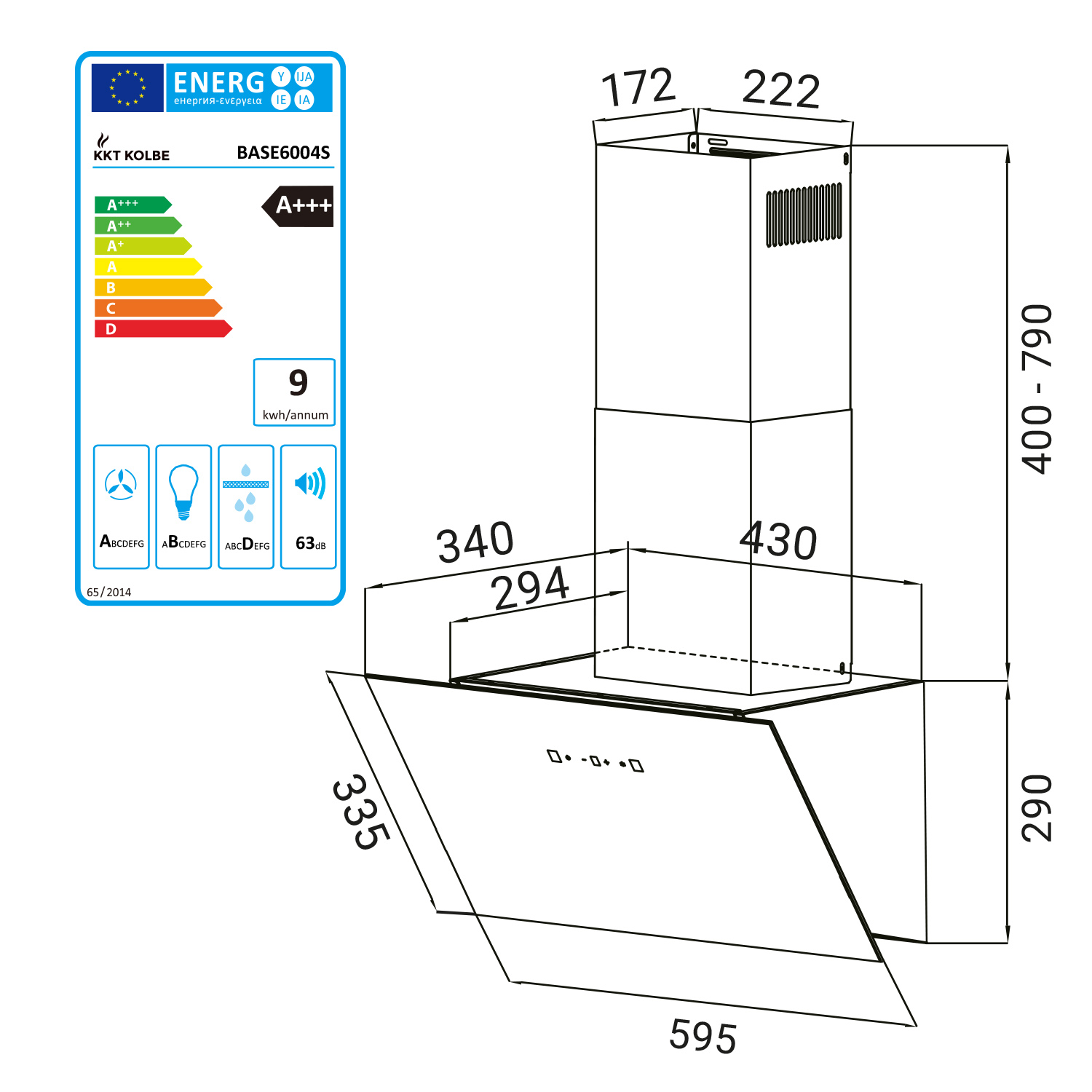 Disegno tecnico cappa KKT KOLBE BASE6004S con dimensioni.