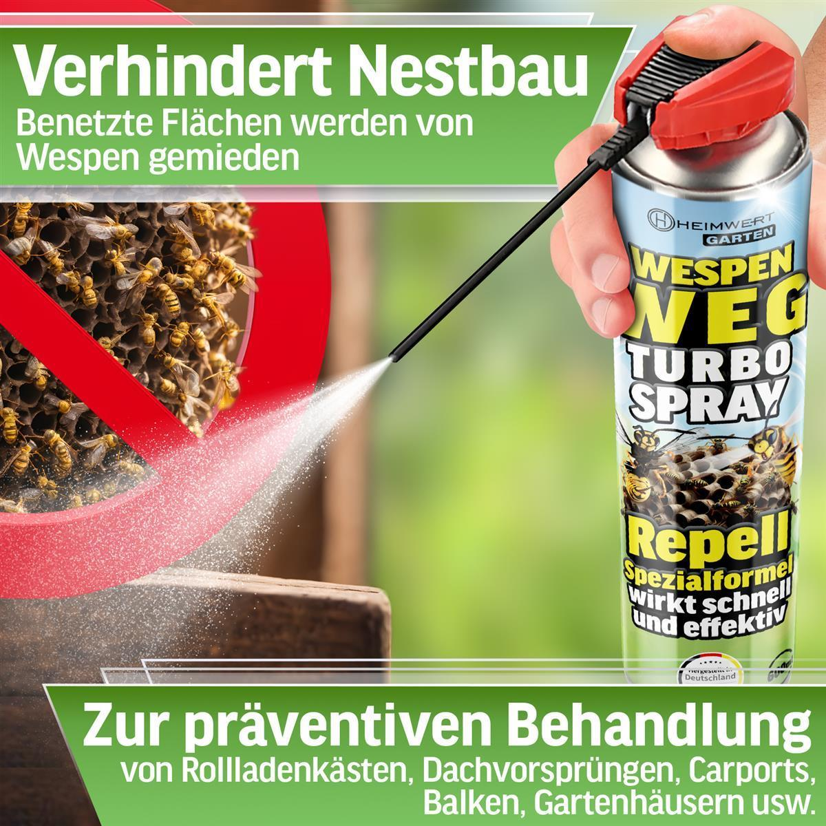 Eine Dose Wespen-Weg-Turbo-Spray wird auf ein Wespennest gesprüht.