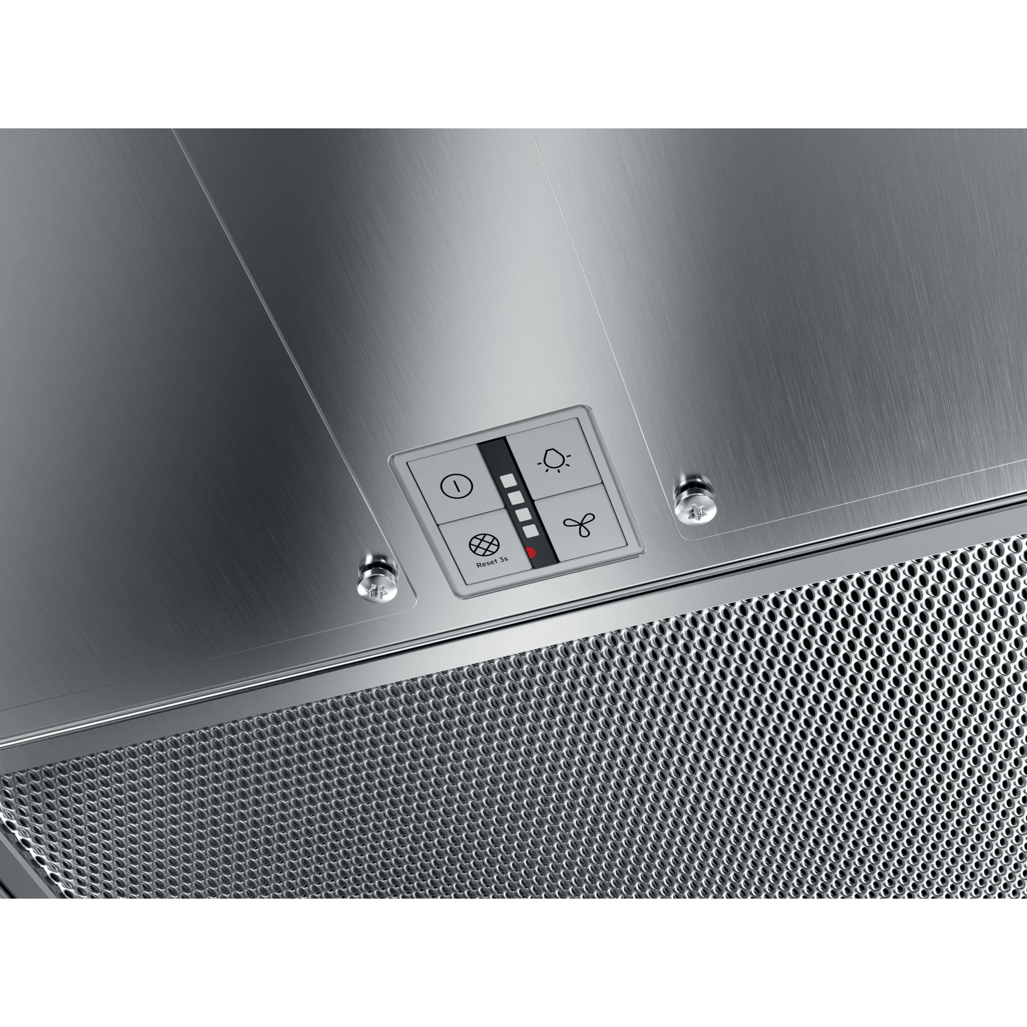 Cappa in acciaio inox con pannello touch e griglia di ventilazione.