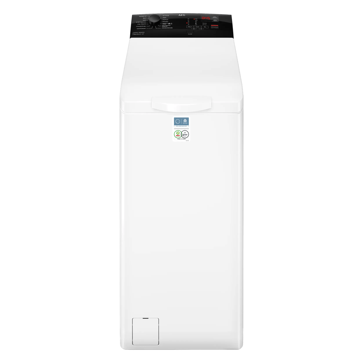 Una lavadora blanca con panel de control negro y pantallas digitales.