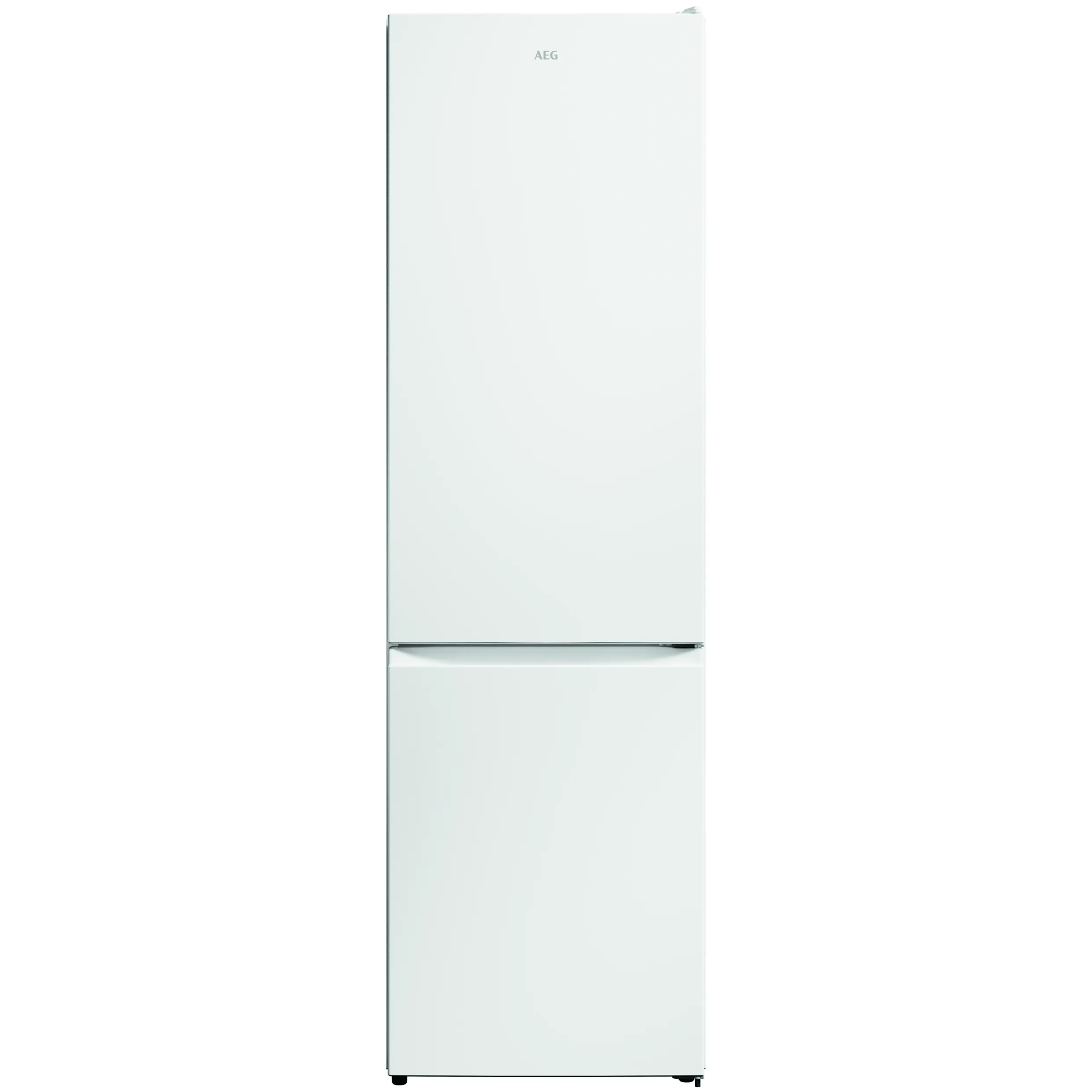 Un frigorífico AEG blanco con dos puertas, una encima de la otra.