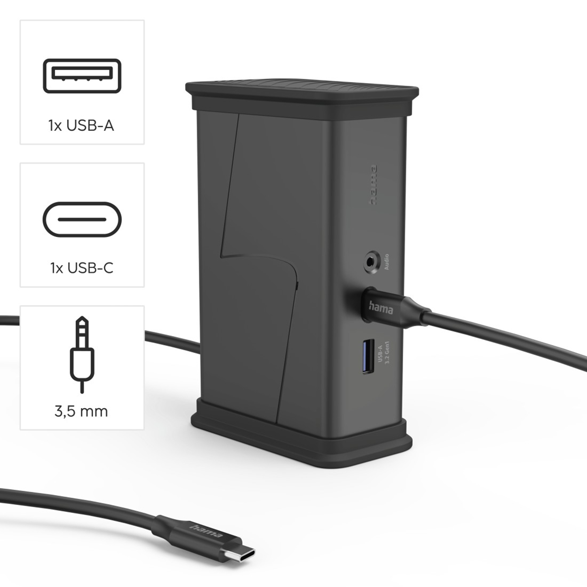 Hub Hama USB-C nero con jack audio, porte USB-A e USB-C.