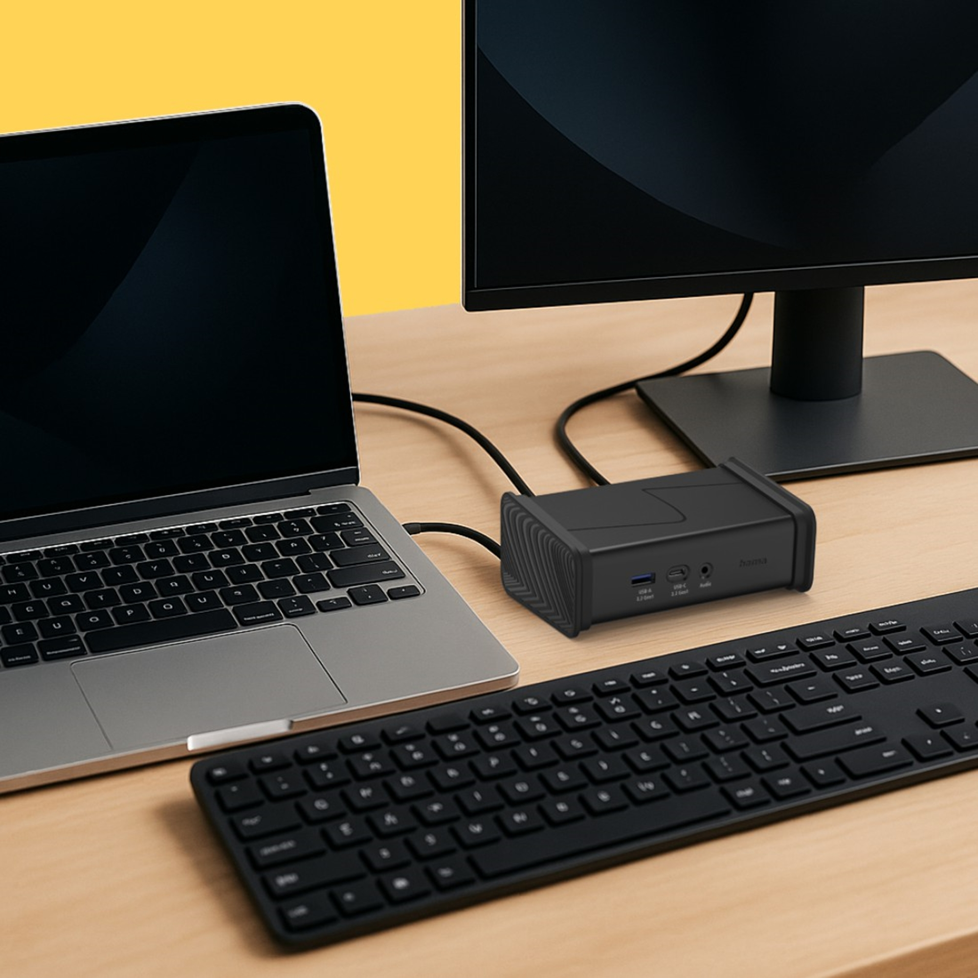 Un laptop, una docking station, una tastiera e un monitor sono su una scrivania di legno.