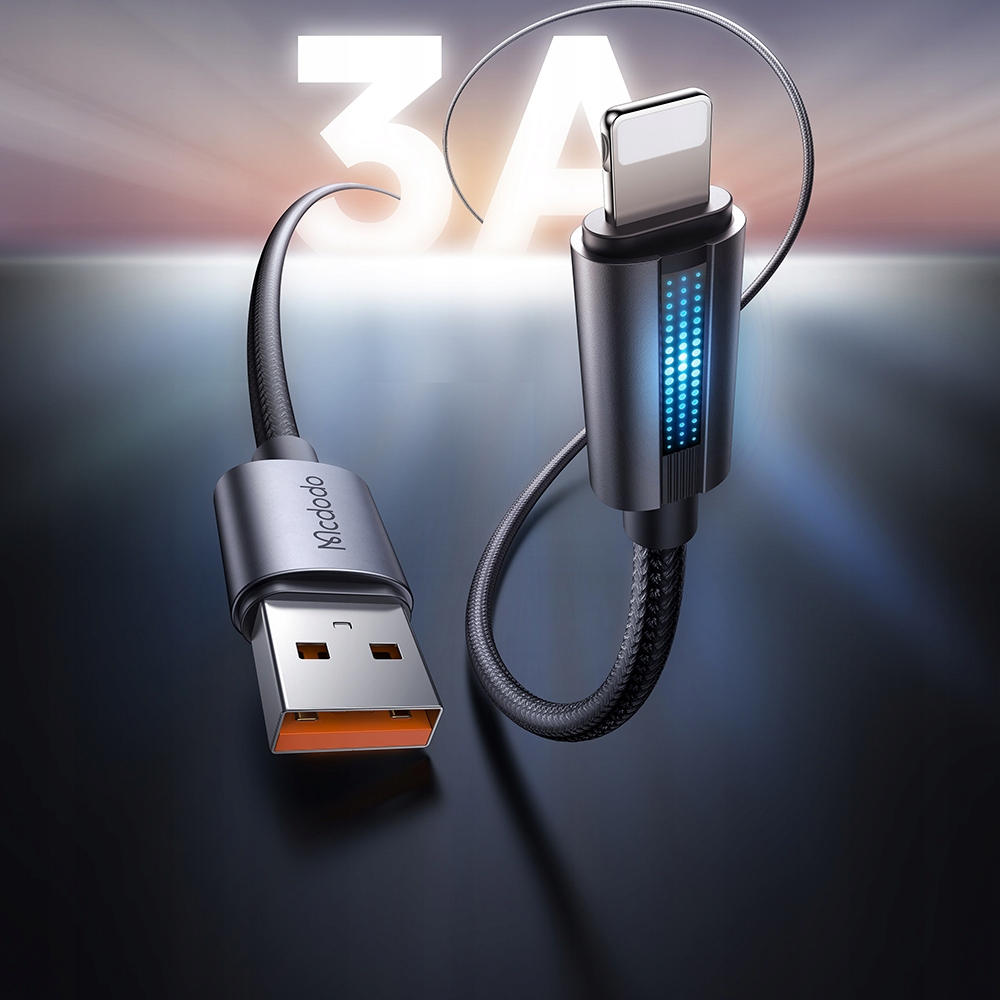 USB ve Lightning konnektörlü gri şarj kablosu. 3A görünüyor.