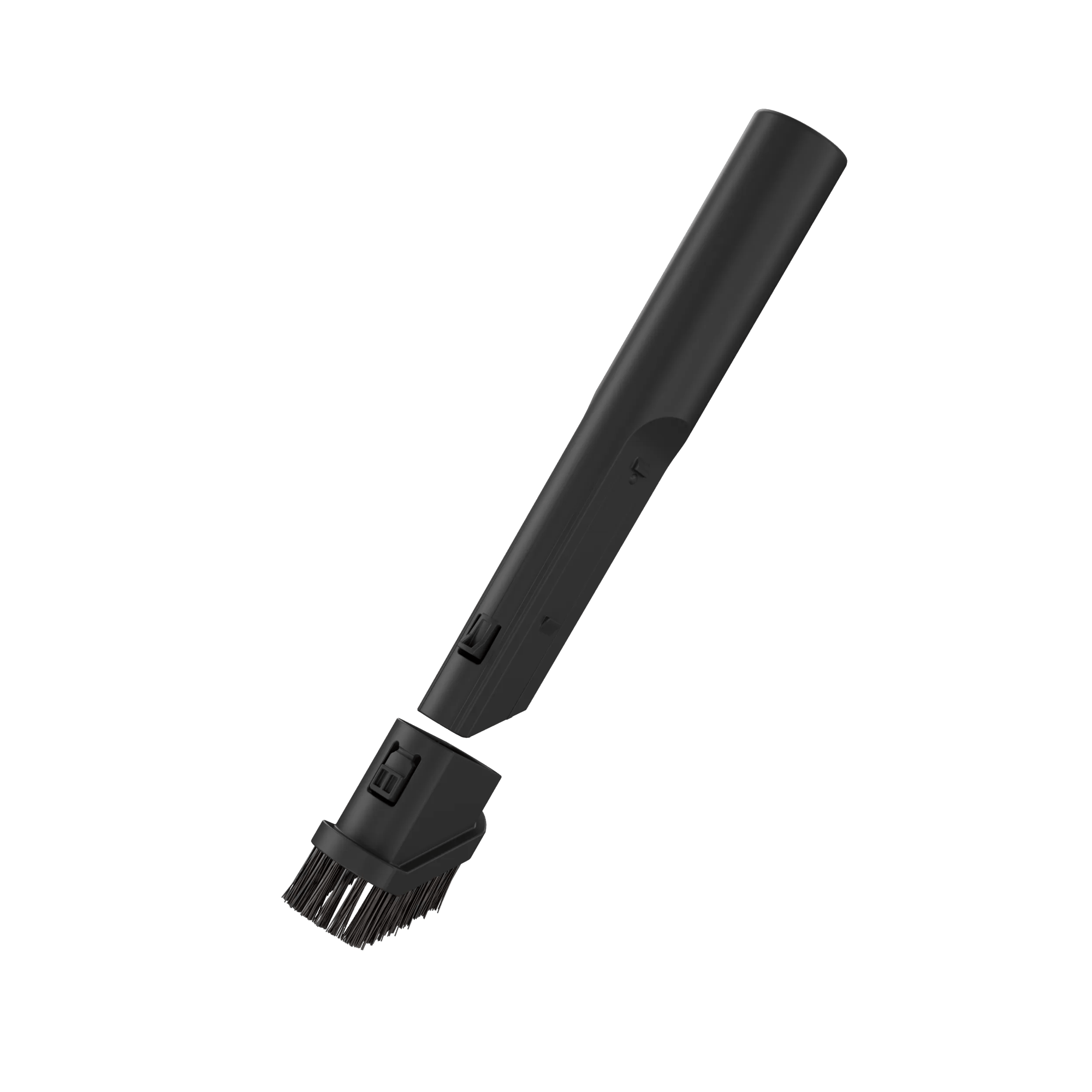 Un accessorio per aspirapolvere nero con setole e manico staccabile.