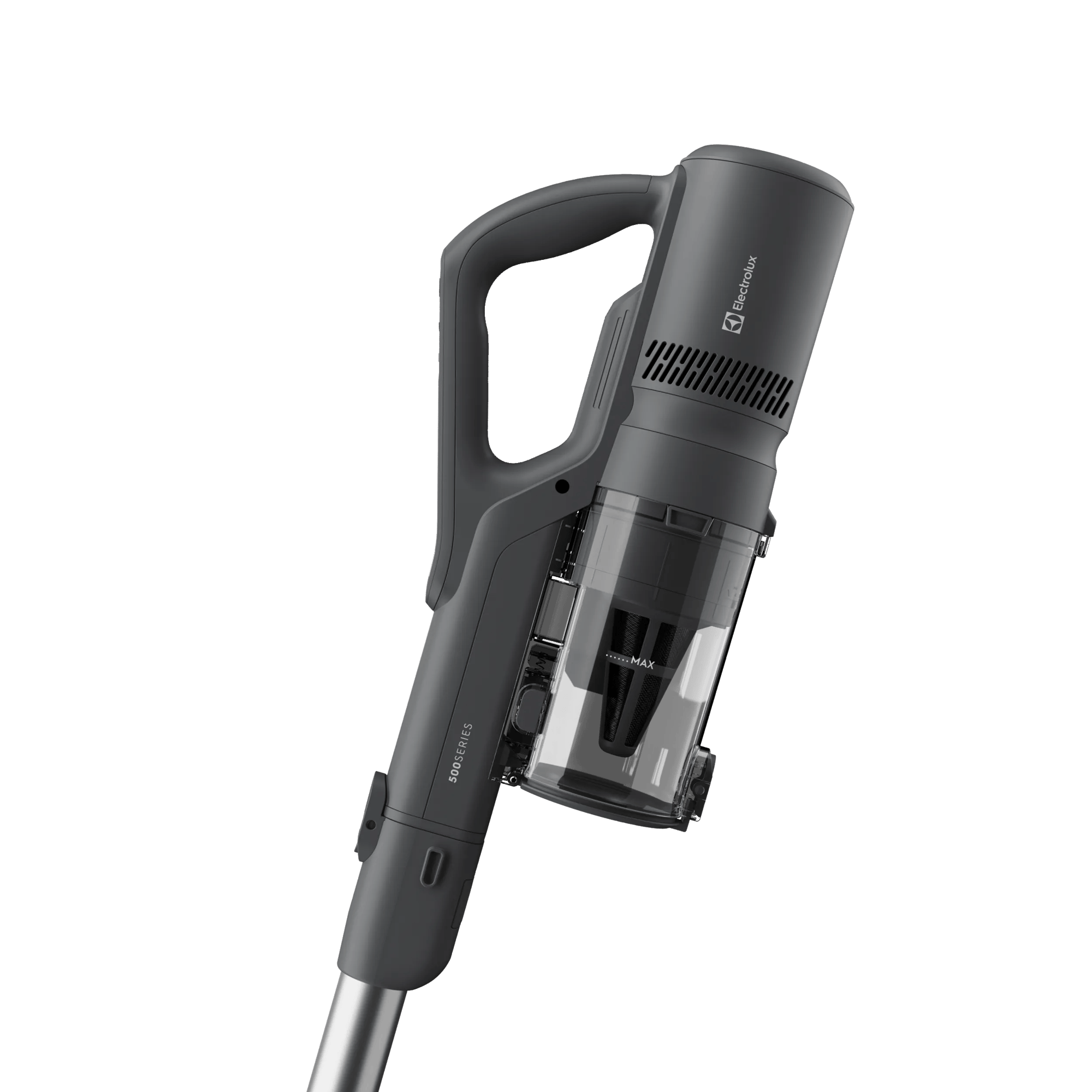 Aspirapolvere portatile grigio scuro con contenitore trasparente e tubo argento.
