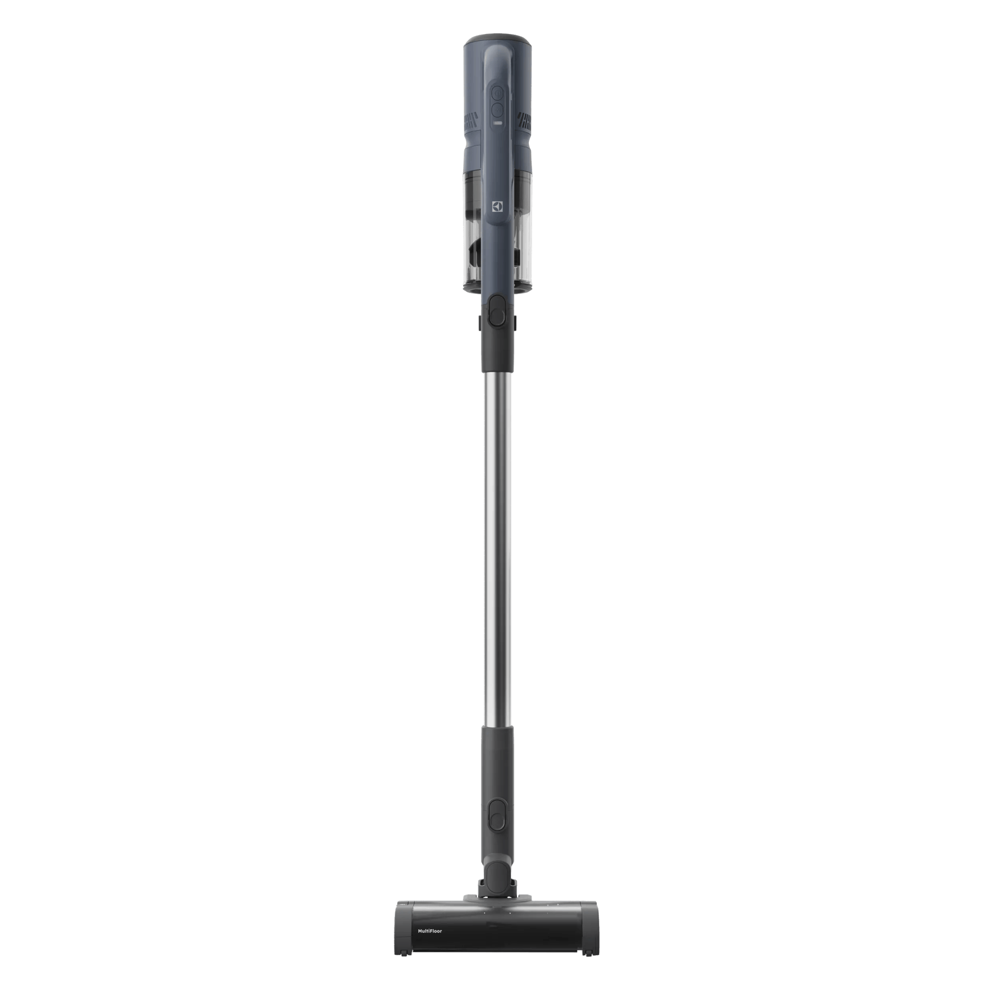 Un aspirapolvere a scopa grigio con logo Electrolux e bocchetta da pavimento.