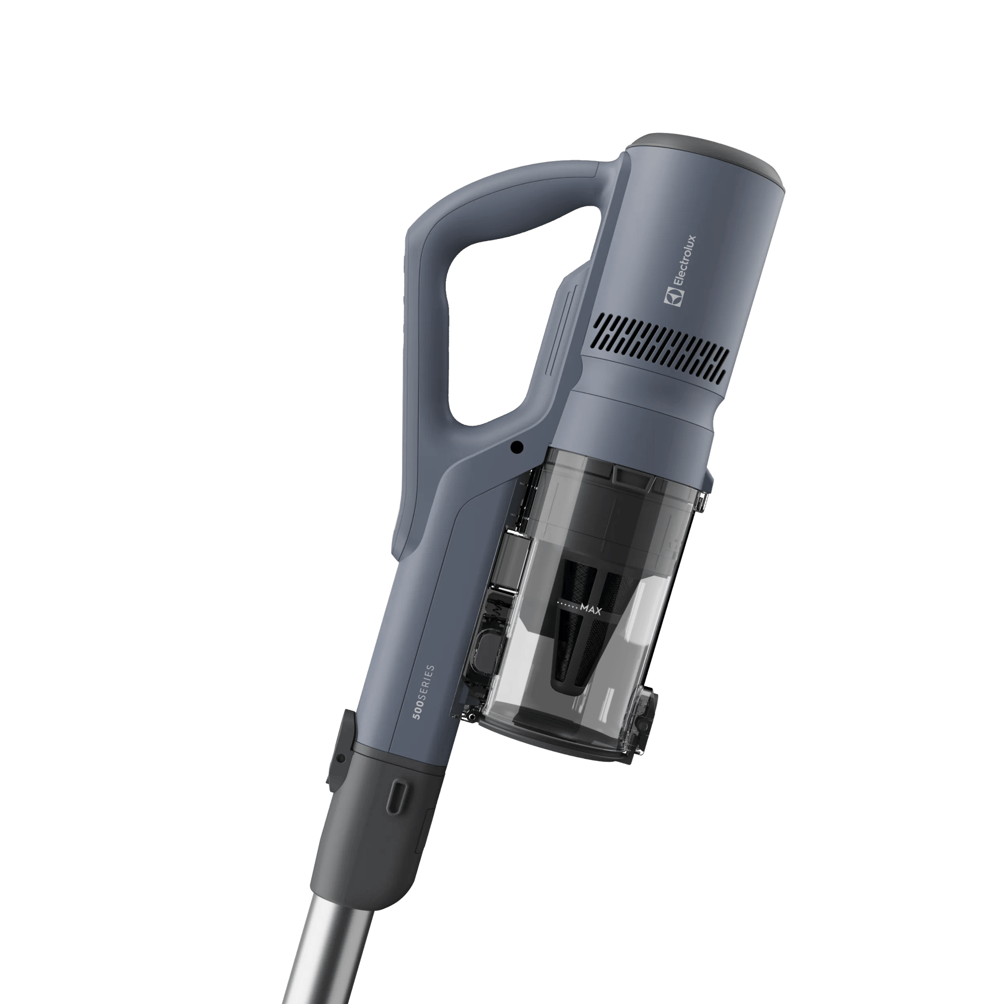 Aspirapolvere portatile grigio con contenitore polvere trasparente e logo Electrolux.