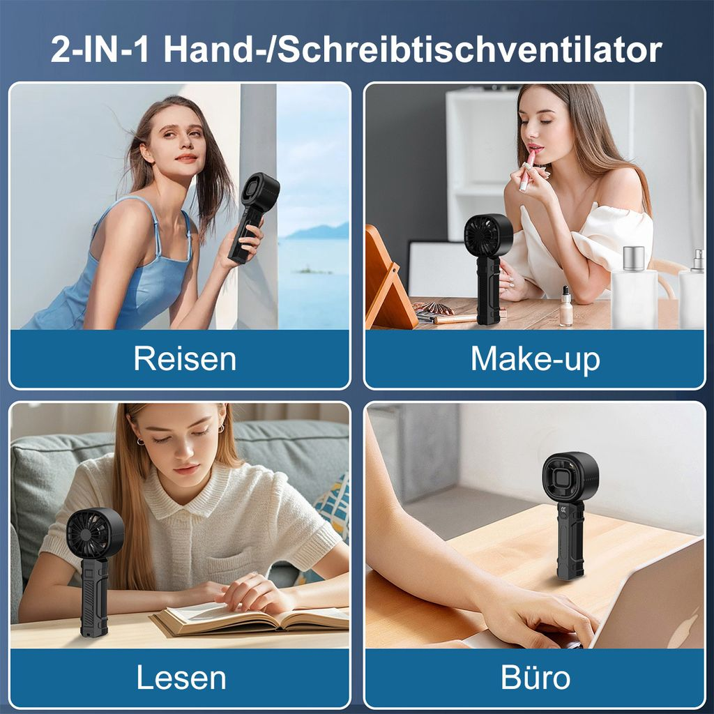 Vier Szenen: Frau mit Ventilator am Meer, Frau beim Schminken, Frau liest Buch, Hand am Schreibtisch.