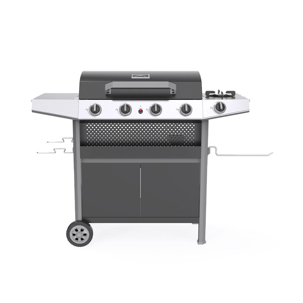 Un moderno grill a gas con coperchio nero, quattro bruciatori e un tavolino.