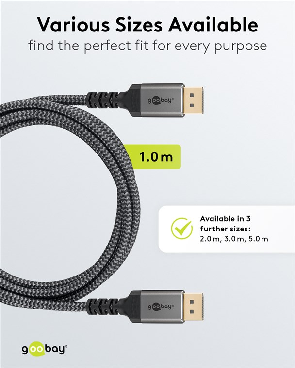 Ein graues und schwarzes DisplayPort-Kabel mit 1,0 m Länge und goldfarbenen Anschlüssen.