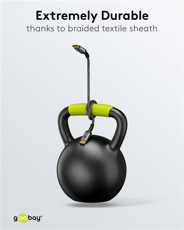 Ein schwarzes Kettlebell mit einem geflochtenen Ladekabel, das um den Griff gewickelt ist.