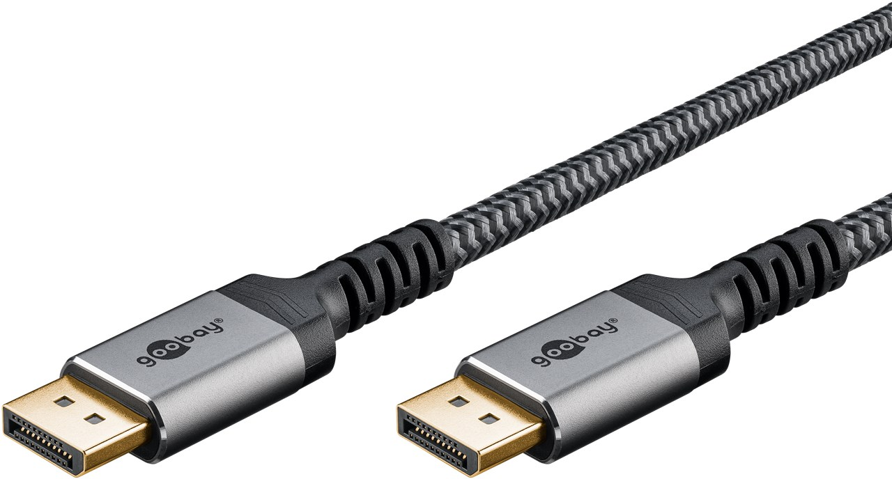 Graues DisplayPort-Kabel mit zwei goldenen Steckern und schwarzem Geflecht.