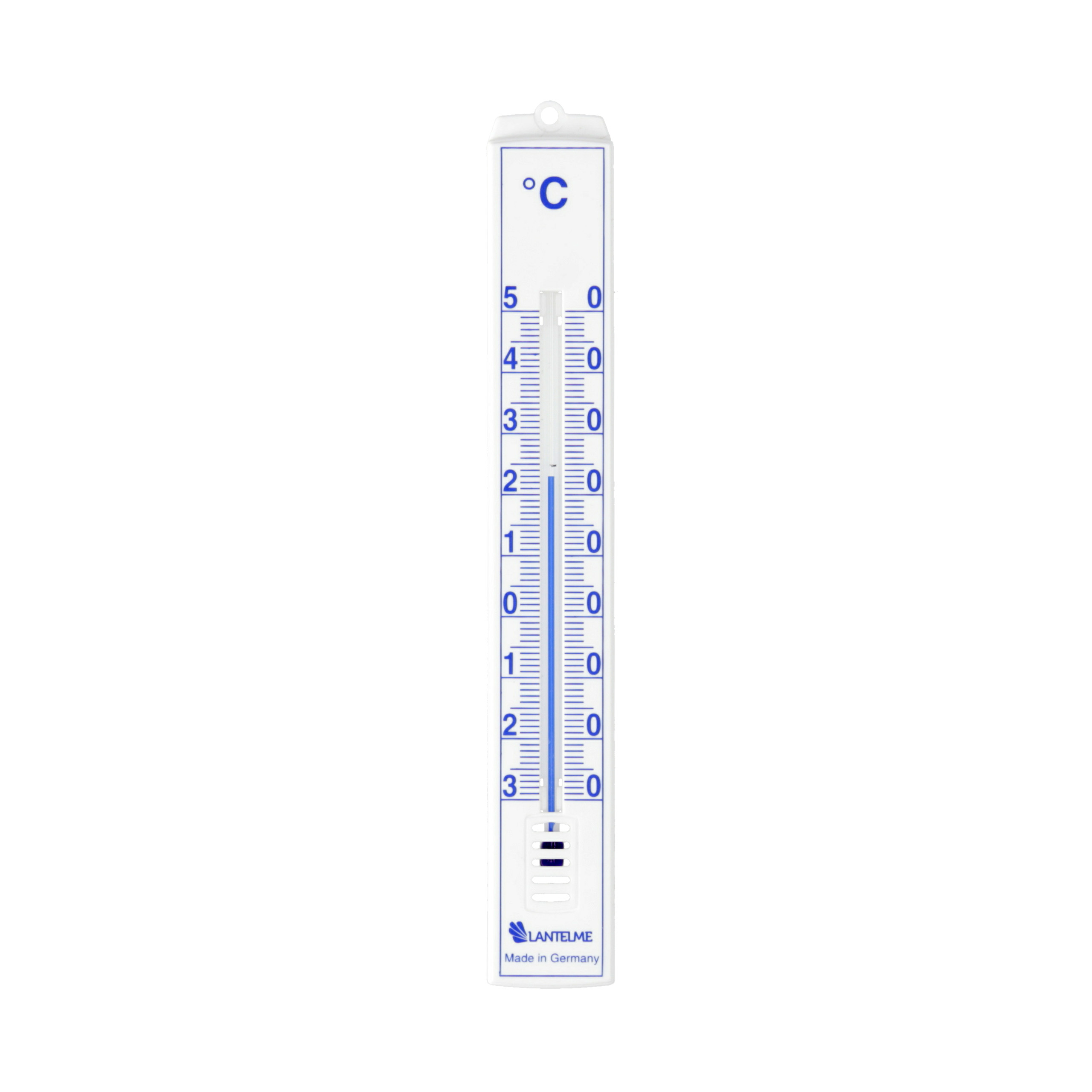 Ein weißes Thermometer mit blauer Skala und Skalenmarkierungen von 0 bis 5.