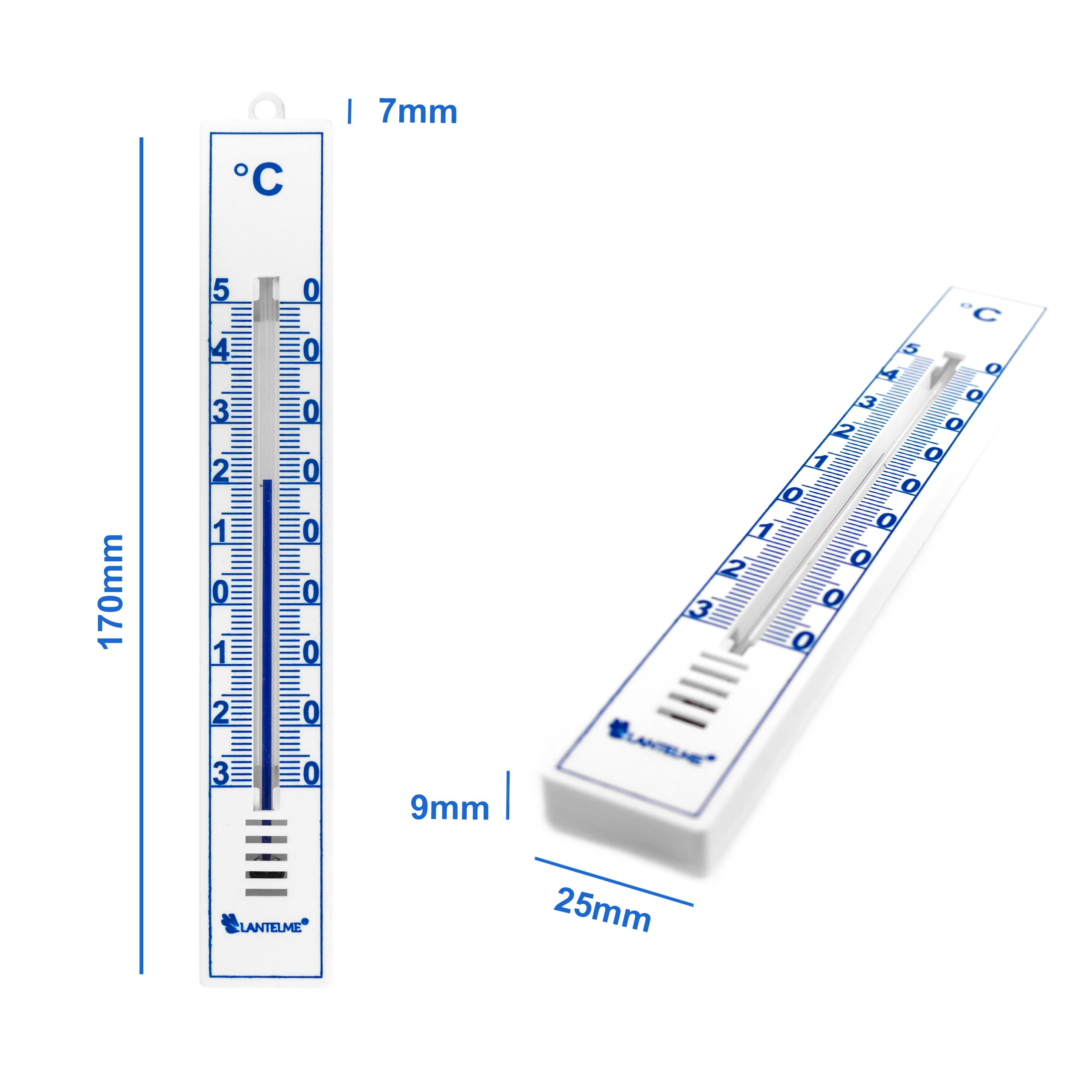 Ein weißes Thermometer mit blauer Skala und Markierungen für Grad Celsius.