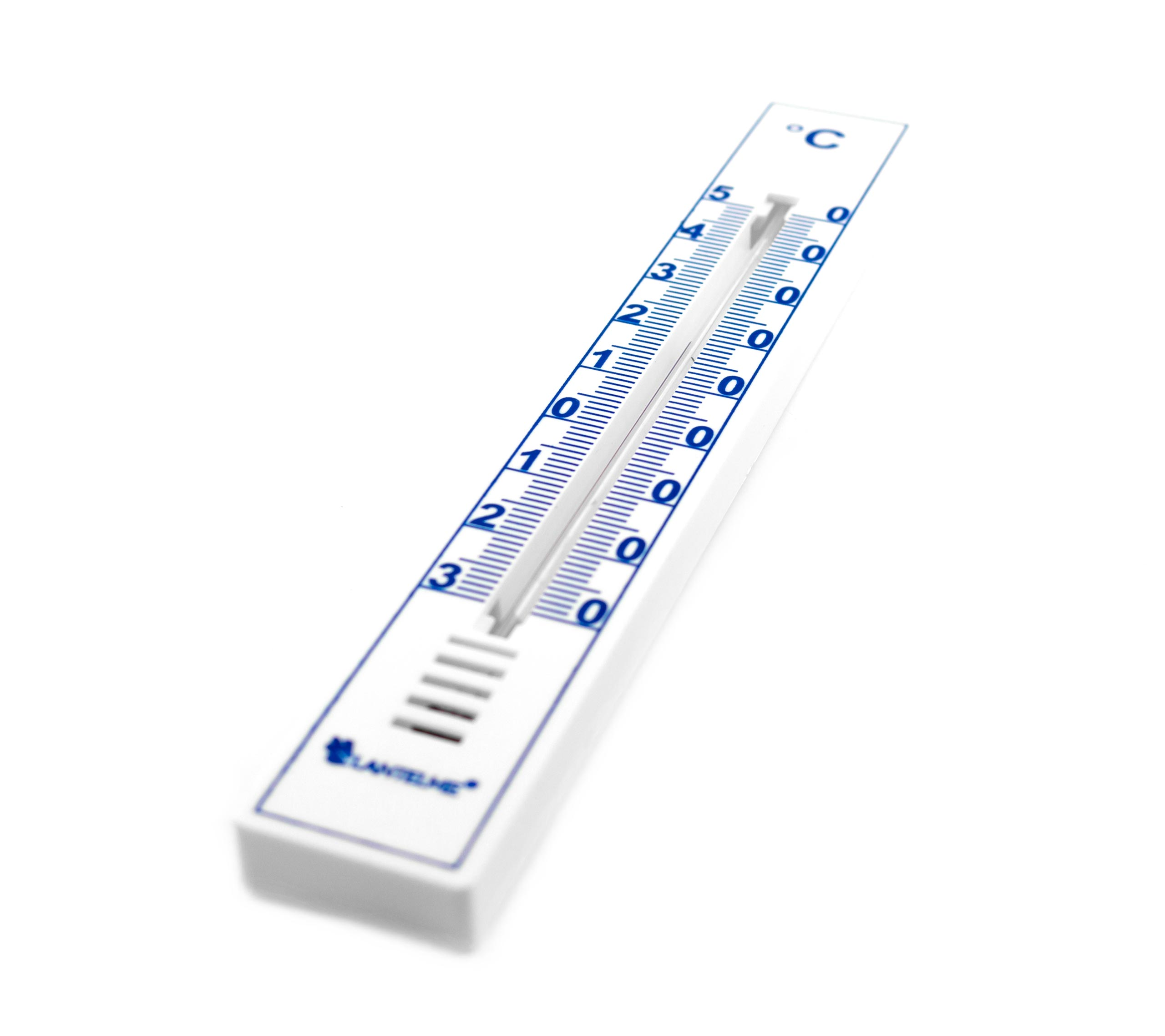 Ein weißes Thermometer mit blauen Markierungen und Zahlen, das die Temperatur misst.