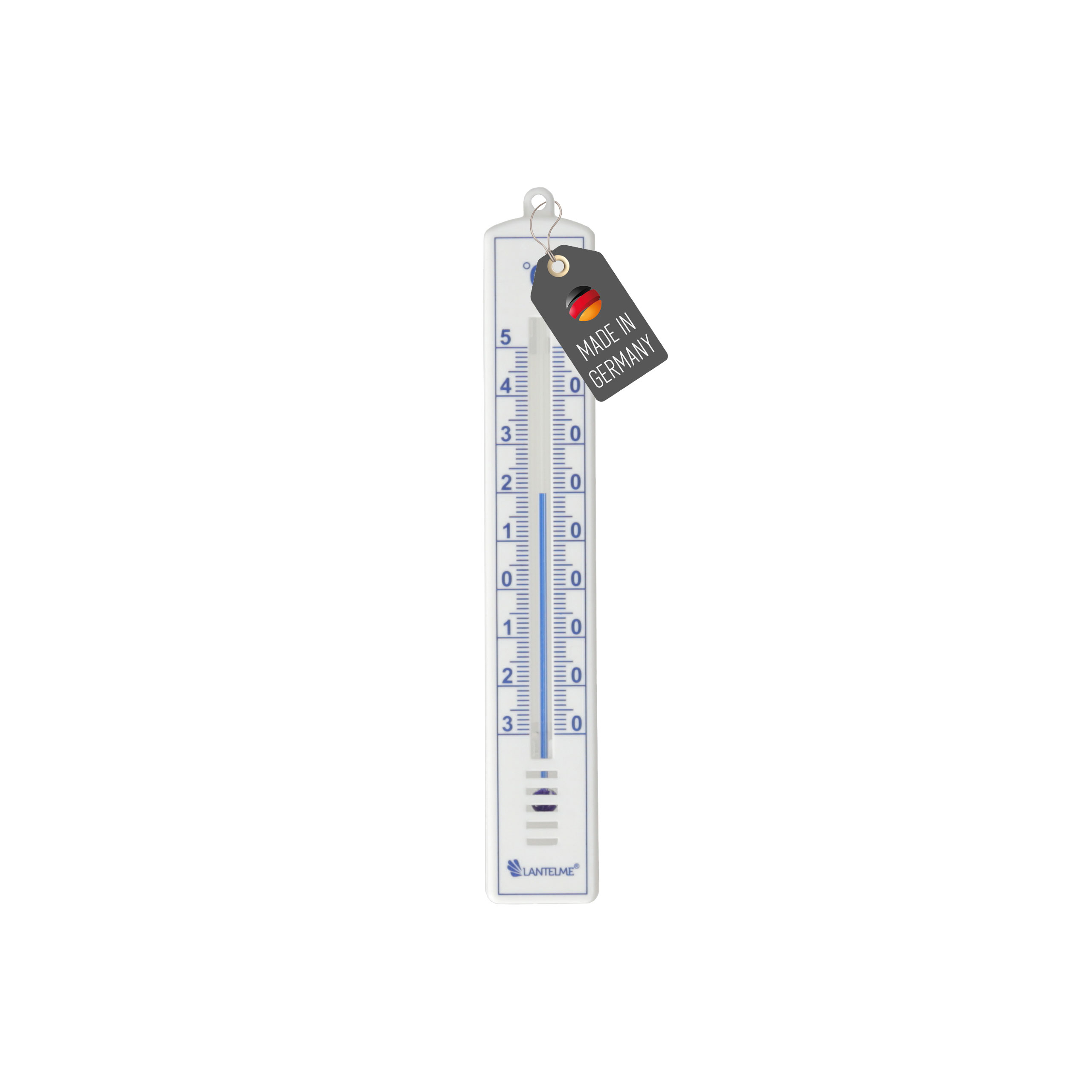 Ein weißes Thermometer mit deutscher Flagge und "Made in Germany"-Anhänger.