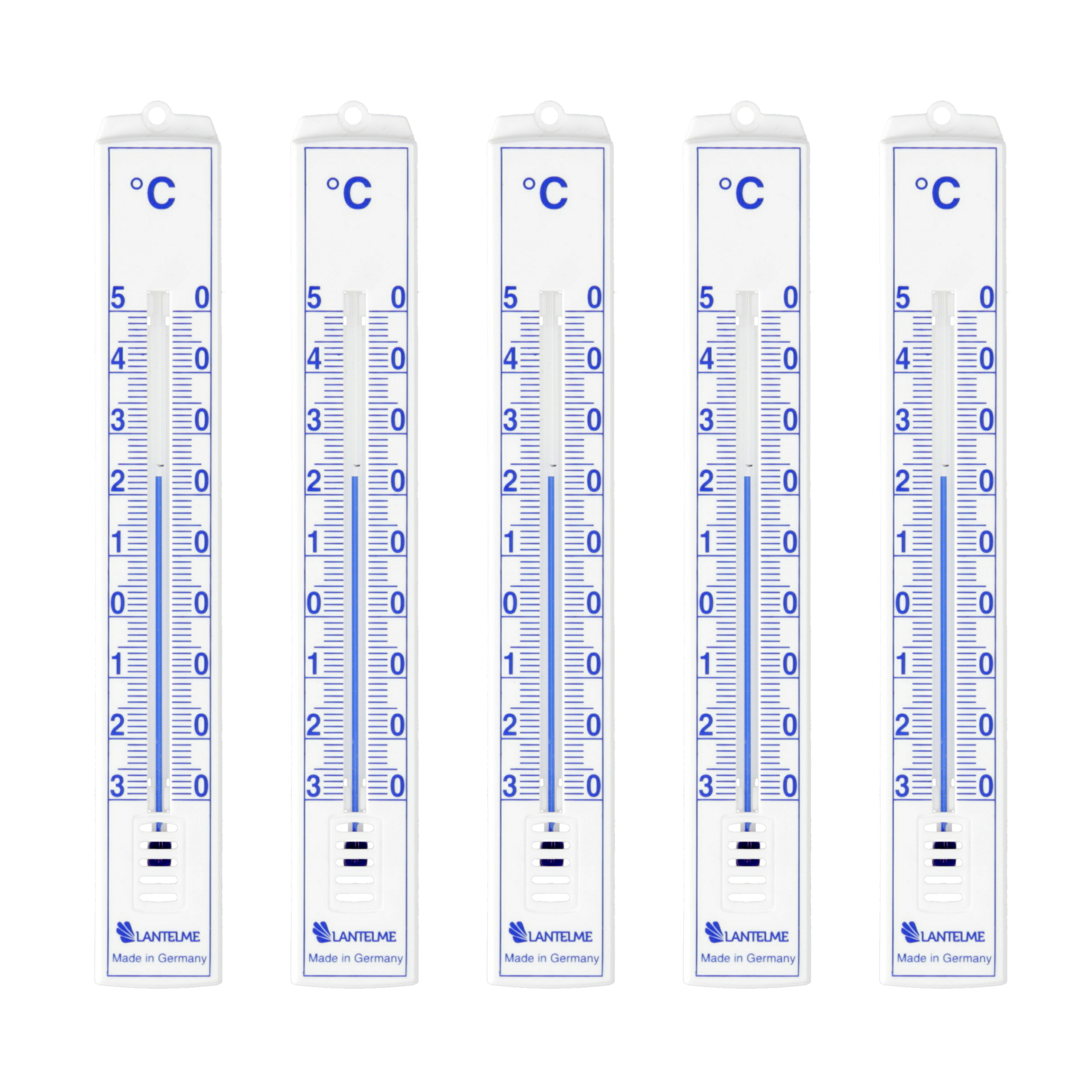 Fünf weiße Thermometer mit blauer Skala und blauer Flüssigkeit.