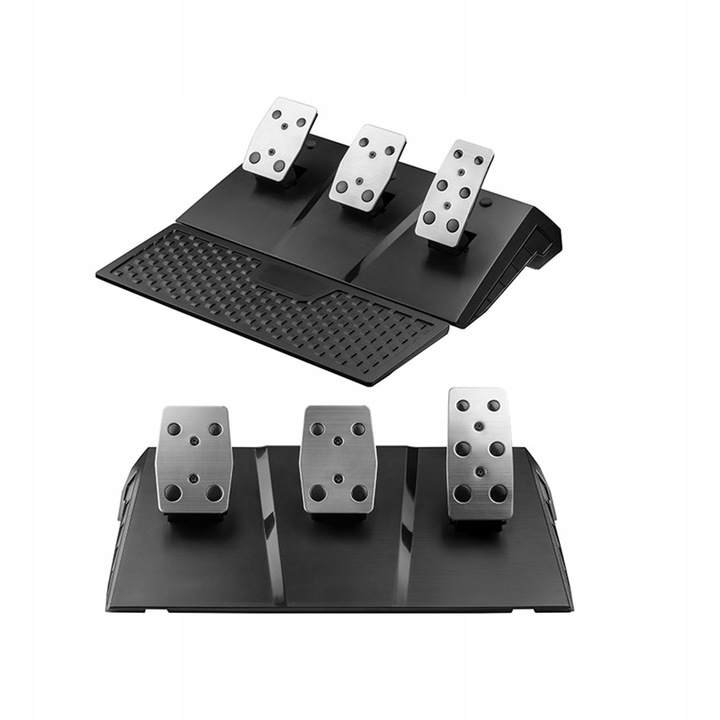 Un set di pedali per volante da corsa nero con tre pedali argentati, mostrato da due angolazioni.