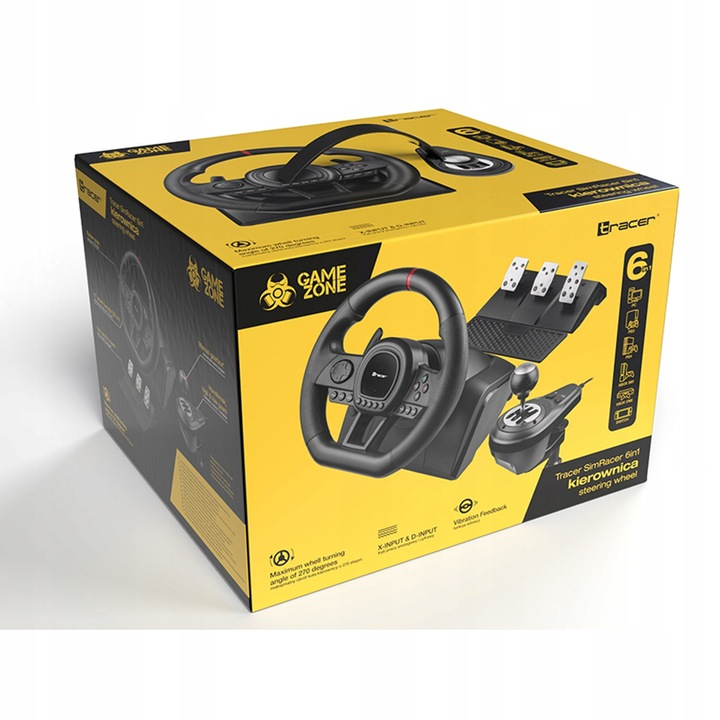 Scatola di un volante da corsa nero con pedali e cambio, design giallo e nero.