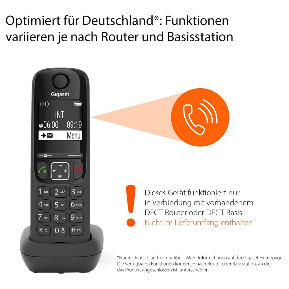 Ein schwarzes Gigaset Schnurlostelefon mit Display und Tastatur auf einer Ladeschale.