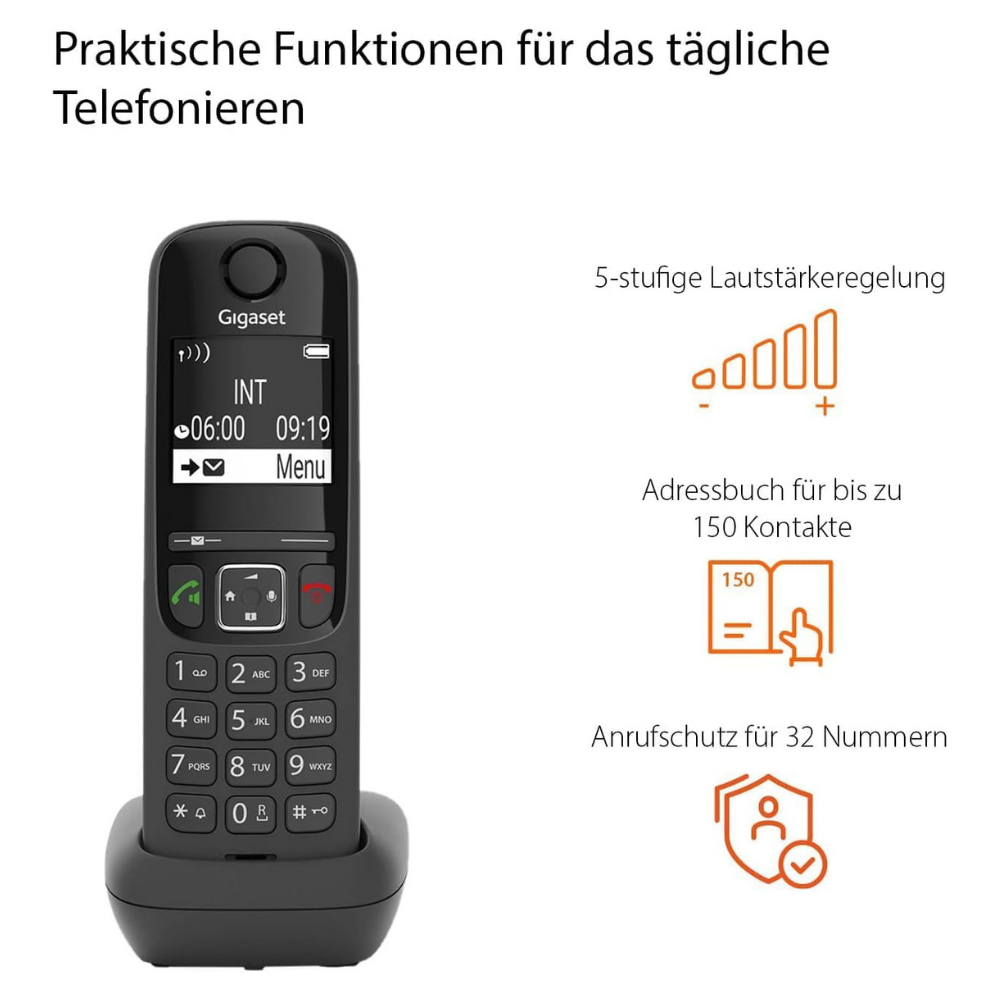 Ein schwarzes Gigaset-Telefon mit Tastatur, Display und Ladeschale. Daneben Icons für Lautstärke, Adressbuch und Anrufschutz.