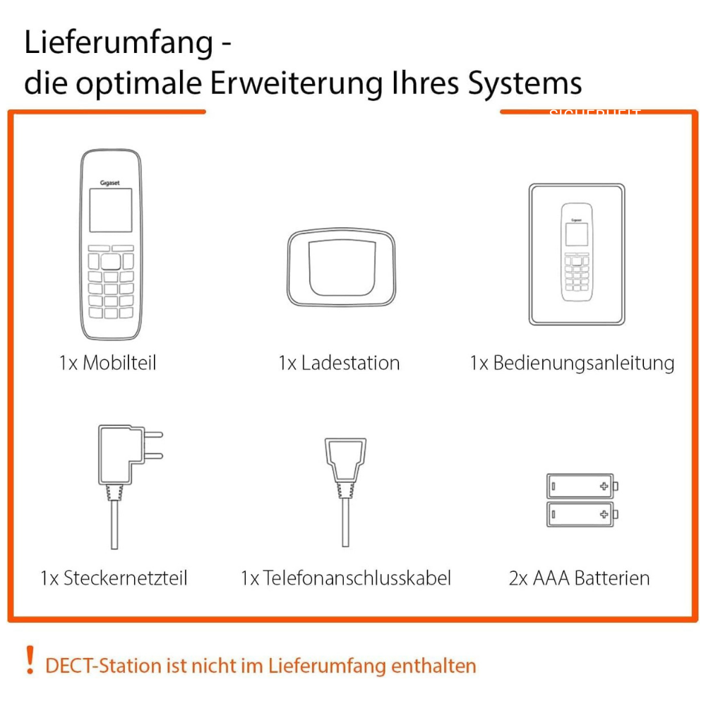 Lieferumfang: Mobilteil, Ladestation, Anleitung, Netzteil, Kabel, Batterien.