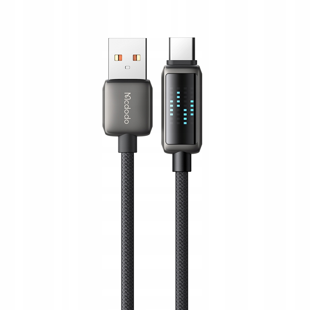 Mcdodo logolu ve mavi ekranlı siyah USB-C - USB-A kablosu.