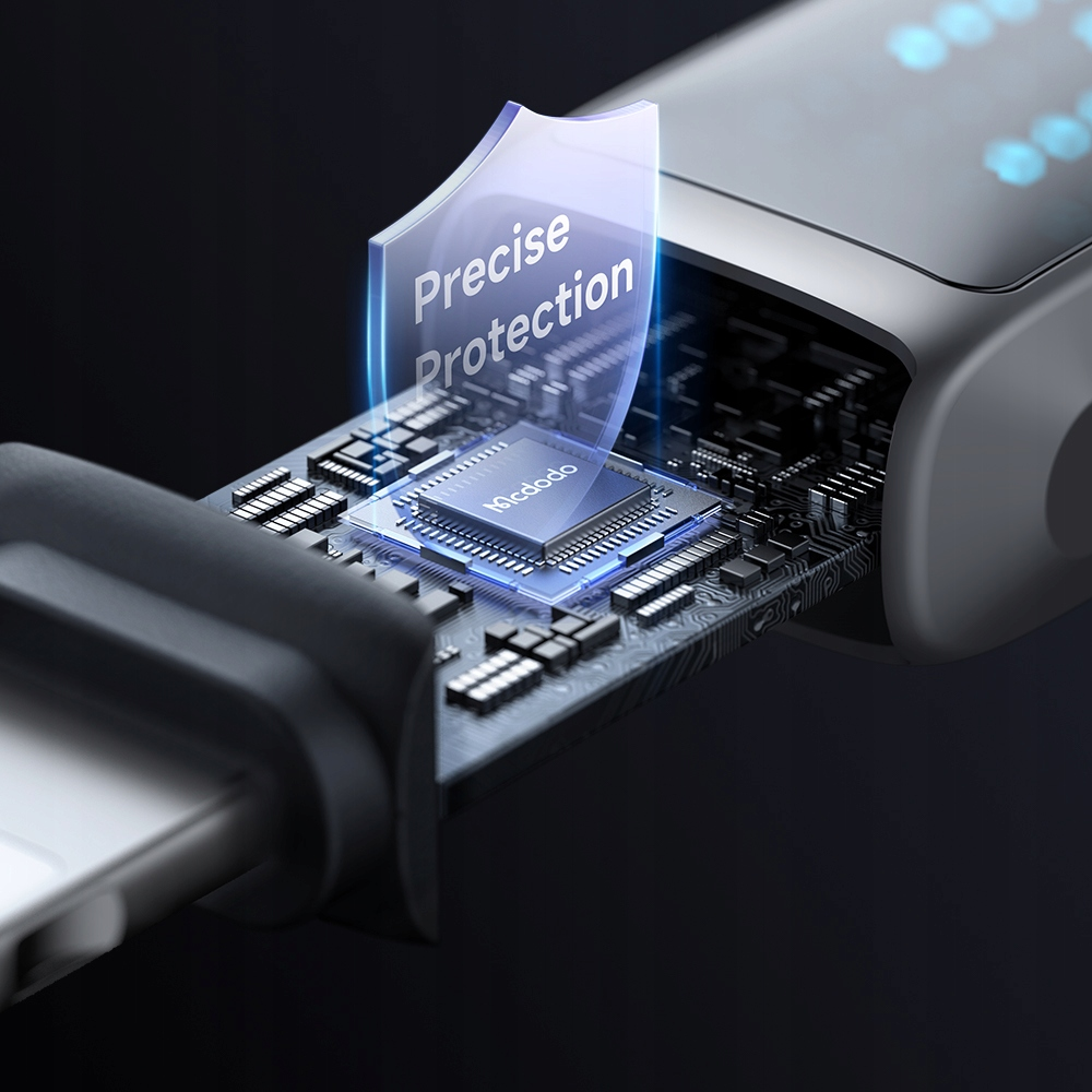 Bir çipin üzerinde 'Precise Protection' yazan şeffaf kalkanlı USB-C konektörünün yakın çekimi.