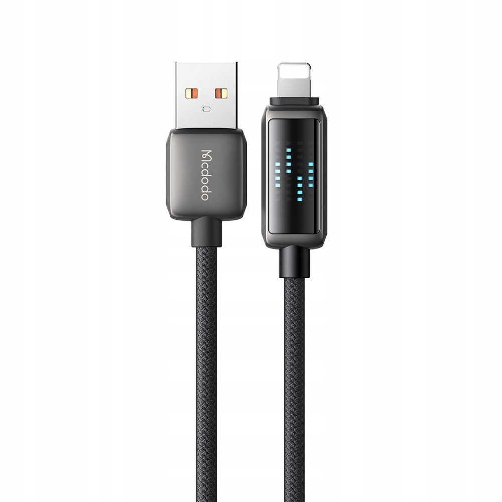 Dijital ekranlı, USB-A ve Lightning konnektörlü siyah şarj kablosu.