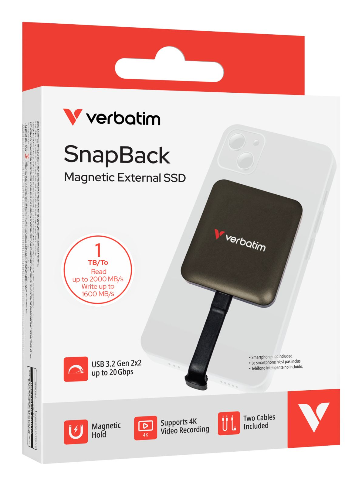Verbatim SnapBack SSD auf Smartphone-Rückseite, 1TB, USB 3.2 Gen 2x2.