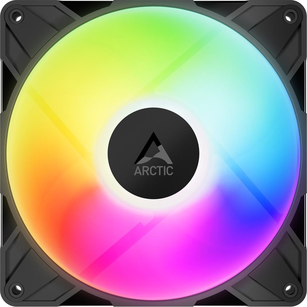 Ein ARCTIC-PC-Lüfter mit RGB-Beleuchtung in Regenbogenfarben.
