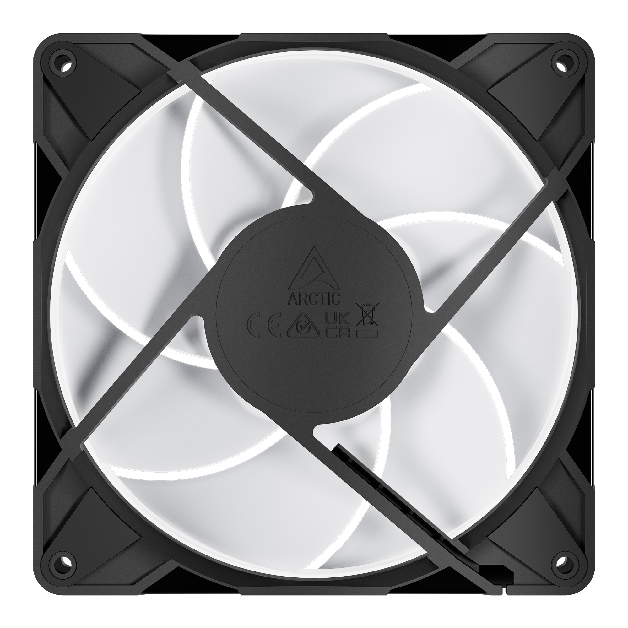 Ein schwarzer PC-Lüfter mit weißen Rotorblättern und einem ARCTIC-Logo.