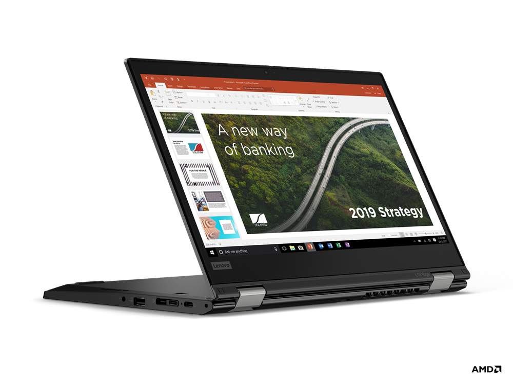 Ein schwarzer Lenovo Laptop zeigt eine Präsentation mit dem Titel 'Ein neuer Weg des Bankings 2019 Strategie'.