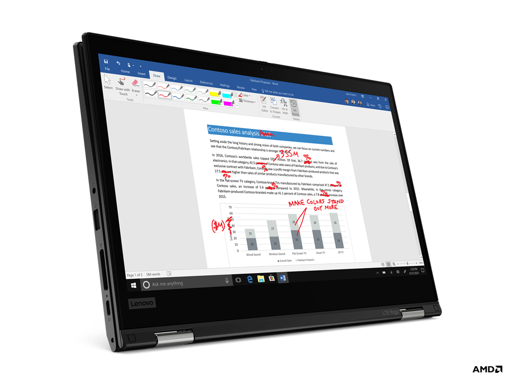 Ein Laptop zeigt einen Bericht mit Diagrammen und roter Schrift. Das AMD-Logo ist unten rechts.