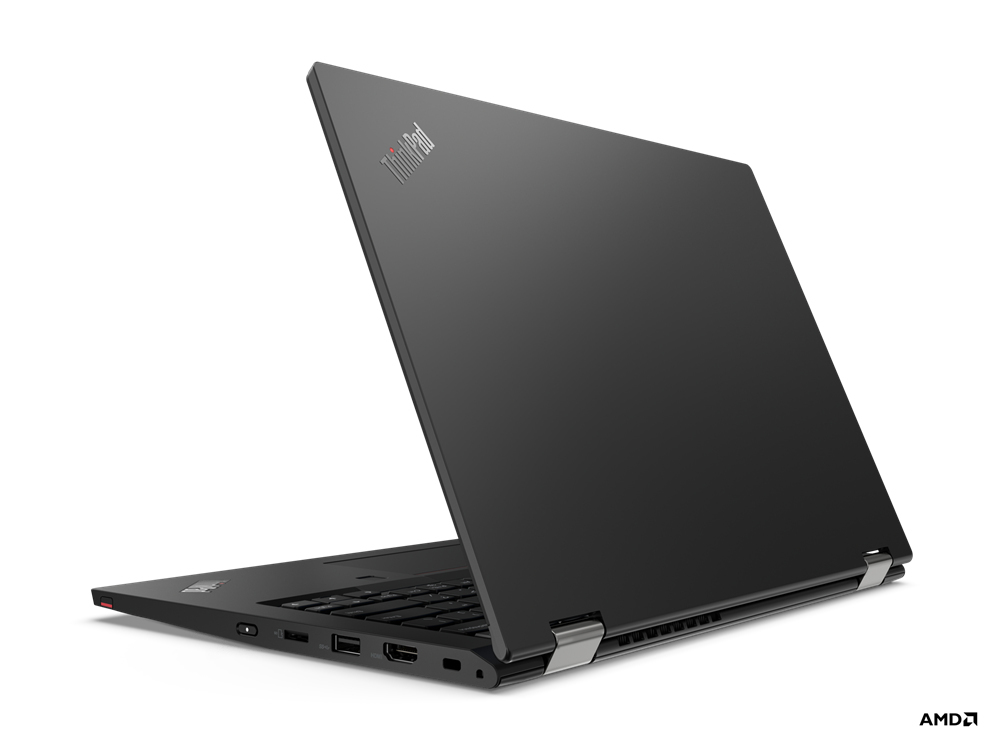 Schwarzer Laptop mit ThinkPad-Logo, von der Seite mit geöffnetem Deckel gezeigt.