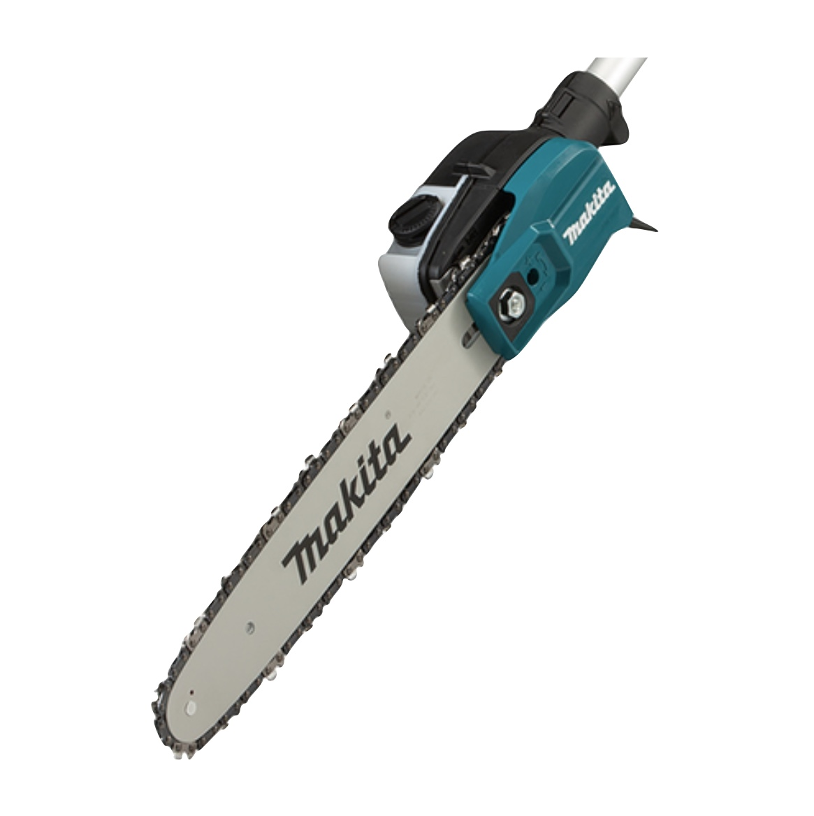 Nahaufnahme einer Kettensäge mit einem silbernen Schwert und der Aufschrift "Makita".