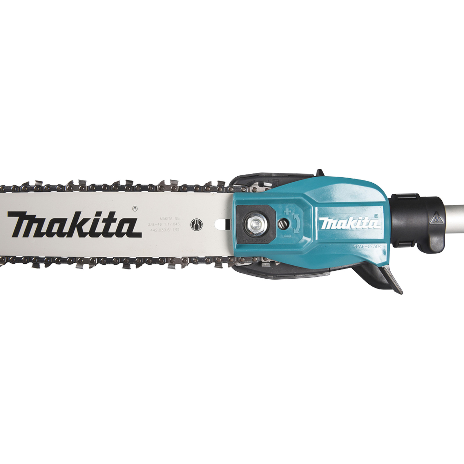 Nahaufnahme einer Makita Kettensägen-Aufsteckung mit Kette und Führungsschiene.