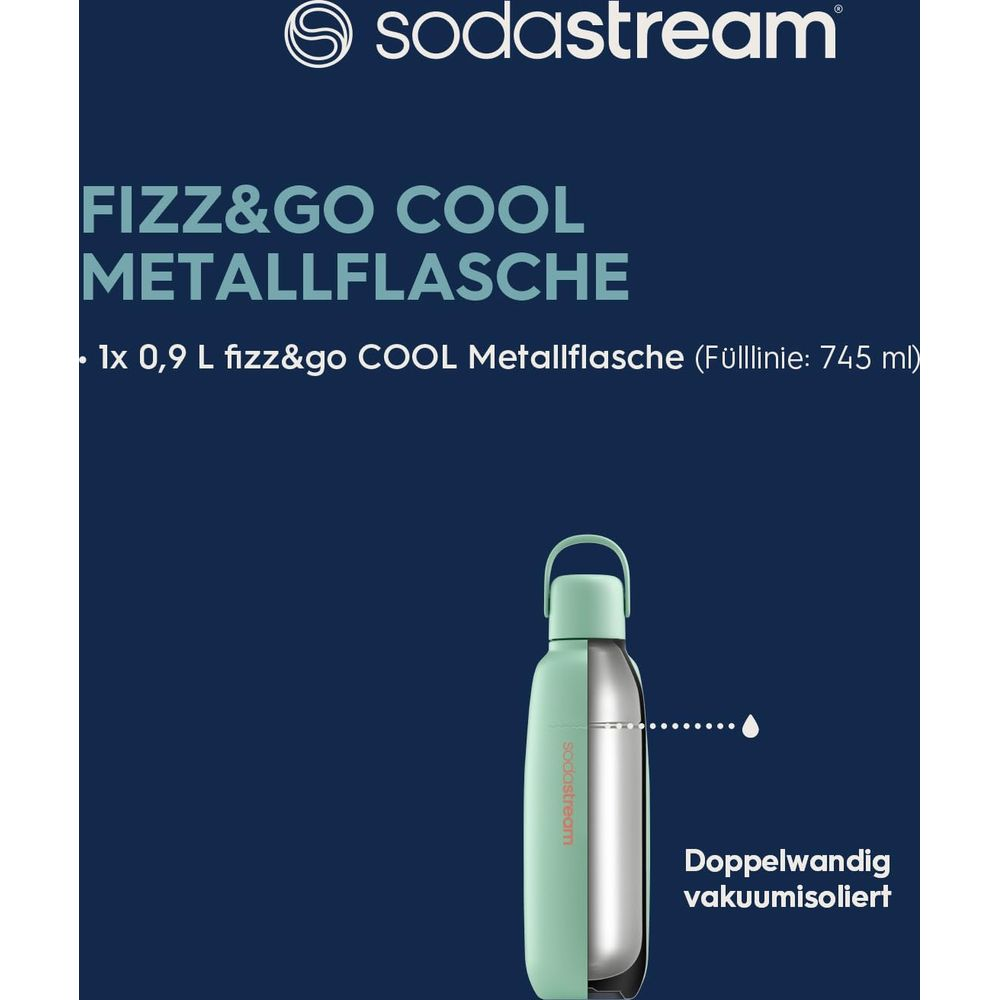 Eine mintgrüne und silberne Sodastream Trinkflasche mit Deckel.