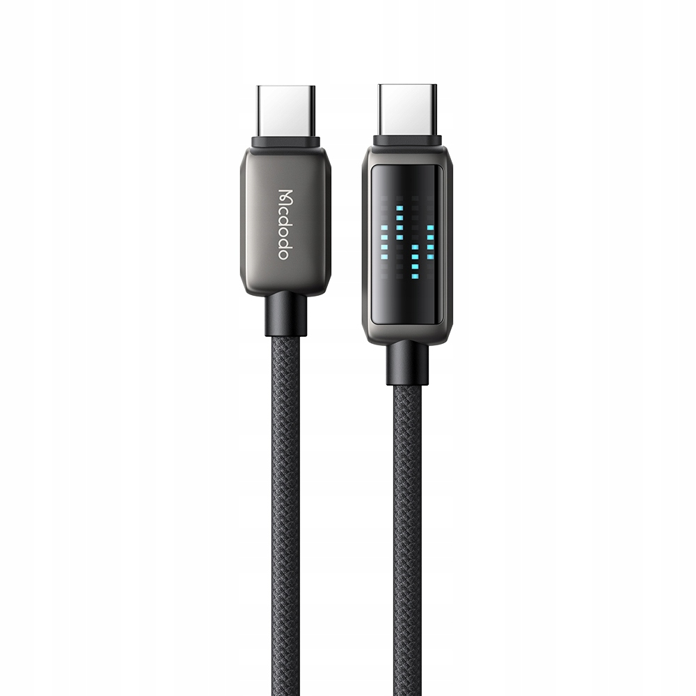 Işıklı ekranlı ve Mcdodo logolu iki gri USB-C kablosu.