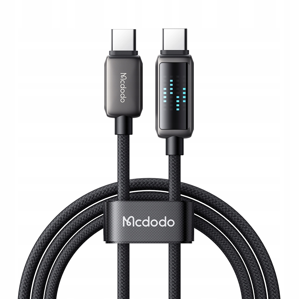 Tek dijital ekrana sahip siyah Mcdodo USB-C kablosu, iki konektörlü.