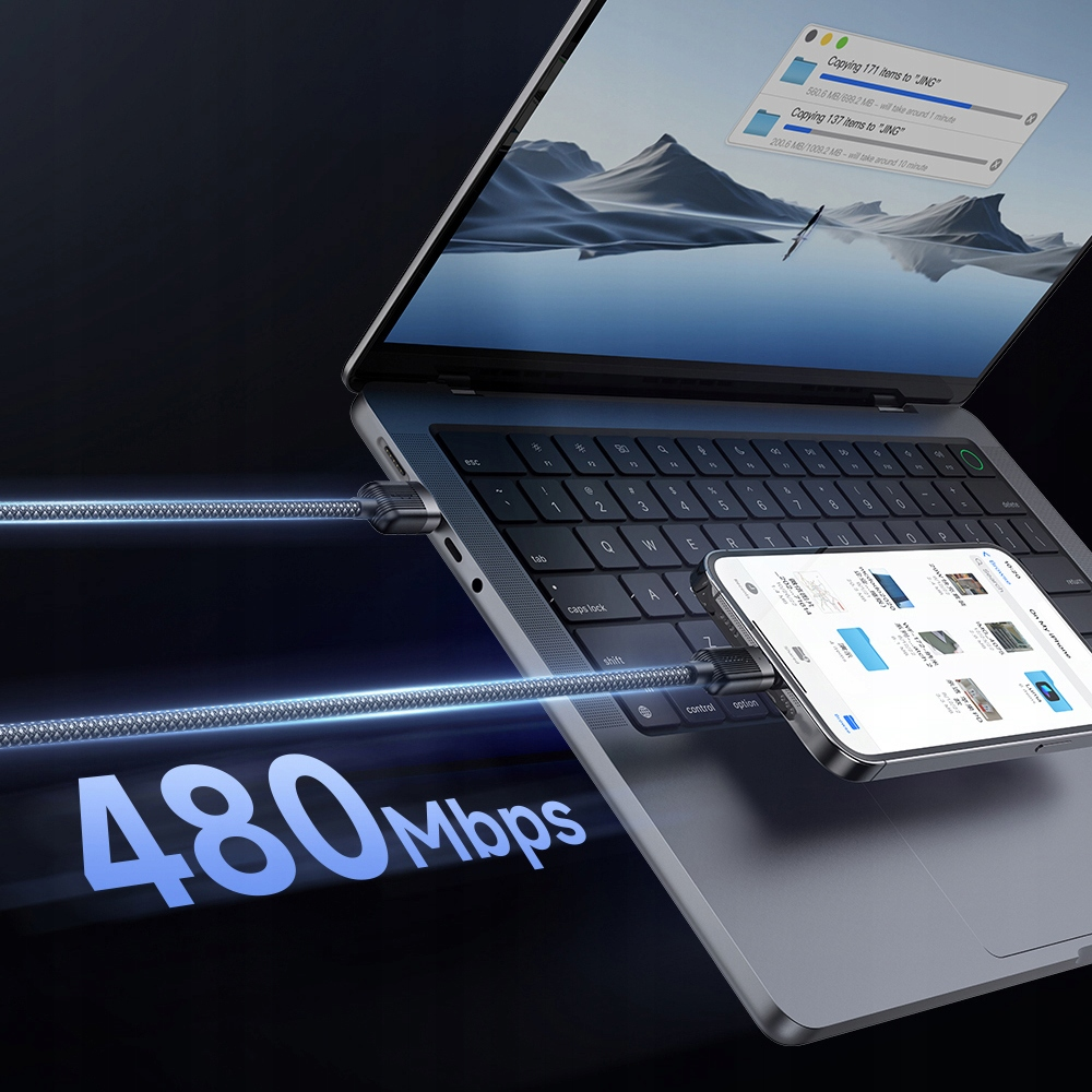 Bir laptop, 480 Mbps hızla bir akıllı telefona kabloyla bağlanıyor.